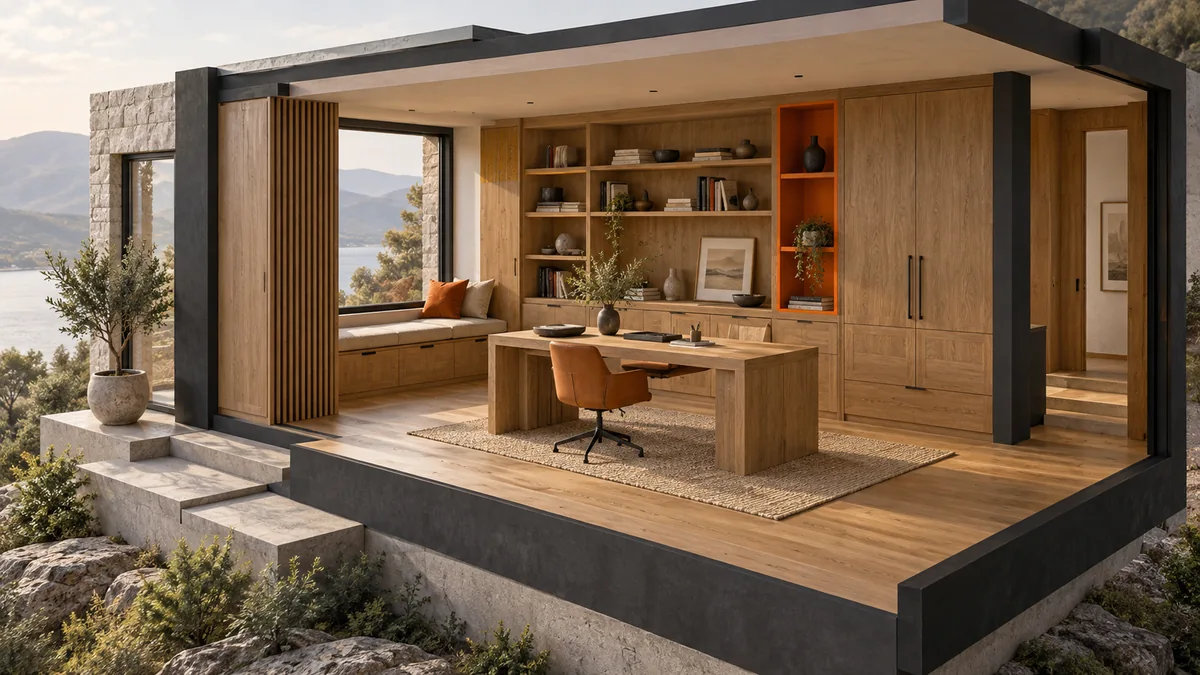Concept residential interior with wood finishes and joinery