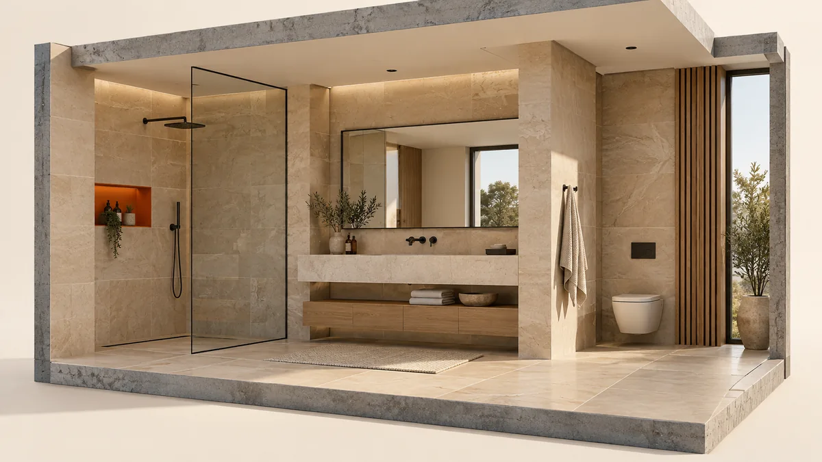 Concept illustration of a tiled interior with coordinated floor and wall finishes; not a completed Fortex project